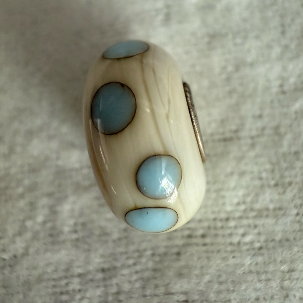 Authentic Trollbeads Cream and Blue Murano Glass Charm Bead